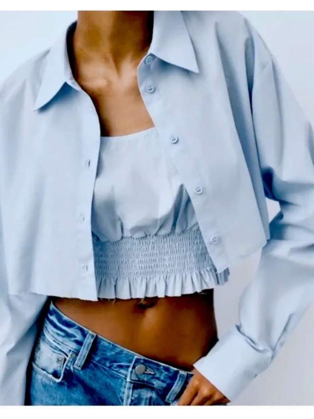 Zara  Cropped Button-Down Shirt with Smocked Tank Set in Light Blue Size M